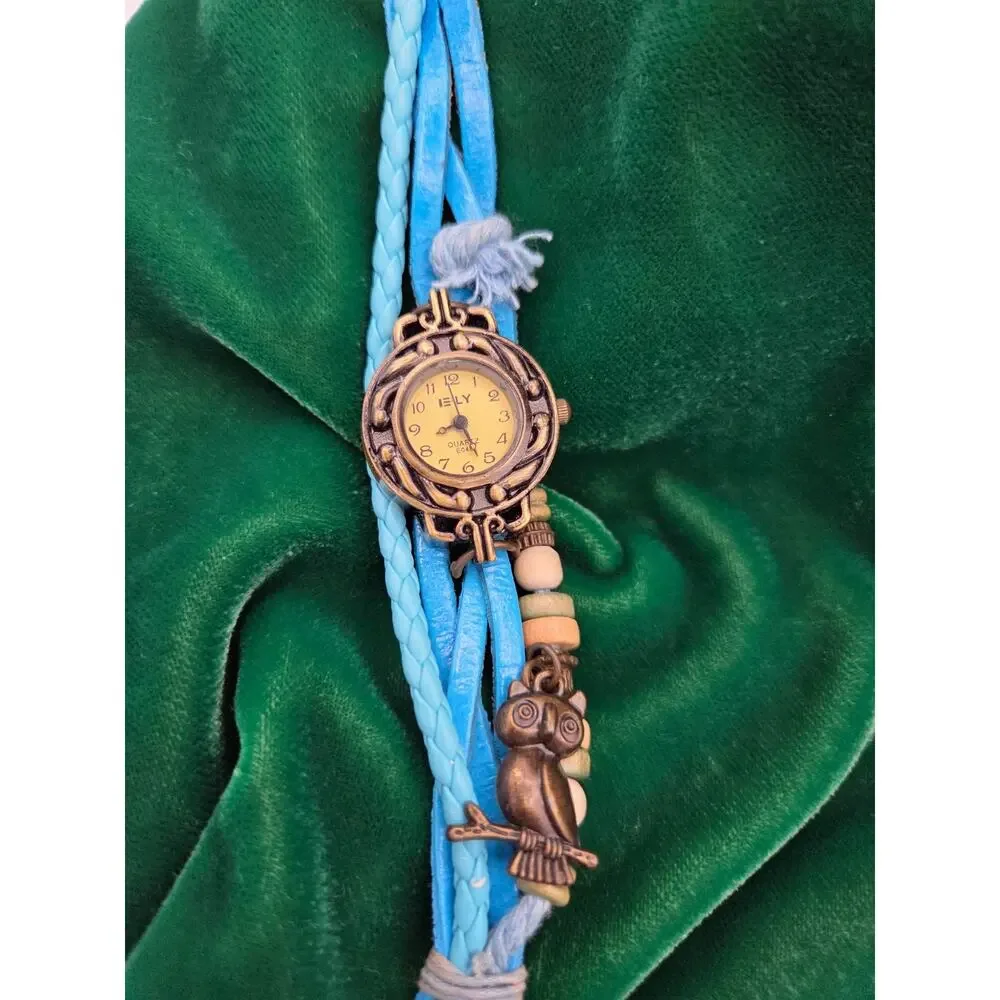 Vintage E-LY Boho Leather Wrap Watch Owl Charm Blue Beaded Bracelet WORKING